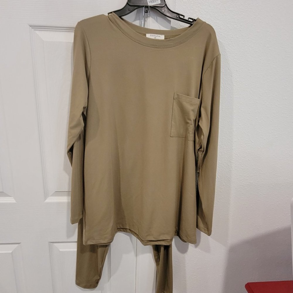 New 2-pc soft jersey blend pant suit with pocket shirt  plis size 1x khaki color